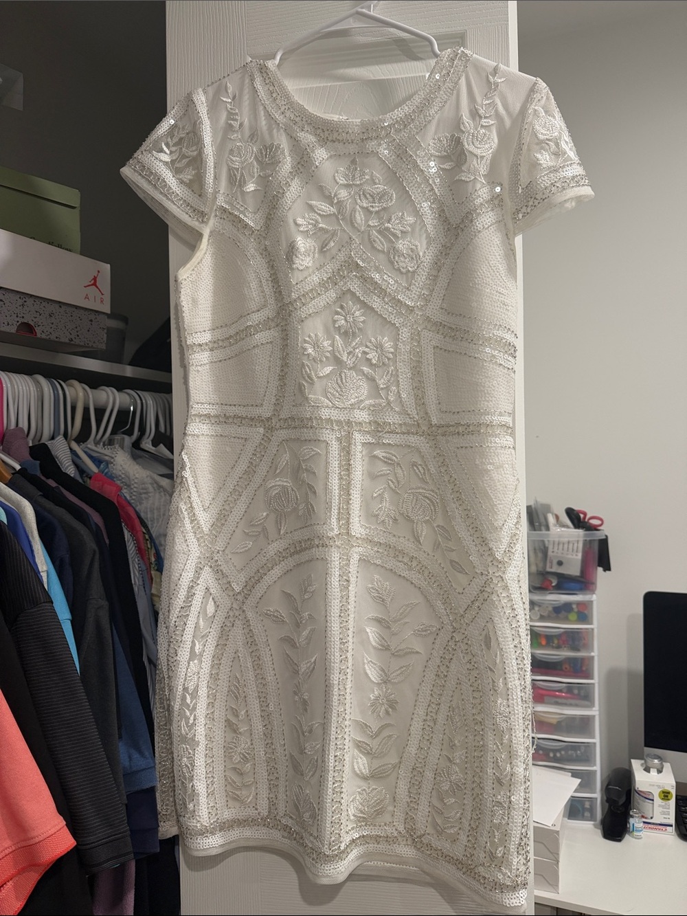 Lulus White Beaded Short-Sleeve Dress